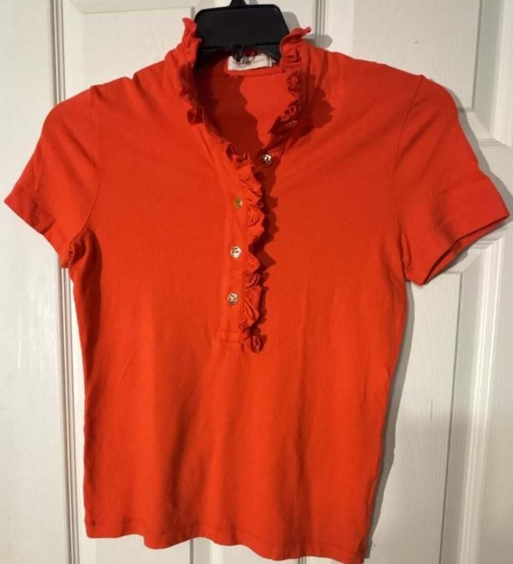 Tory Burch Lidia Ruffled Polo Shirt Size S/P Orange Short Sleeve